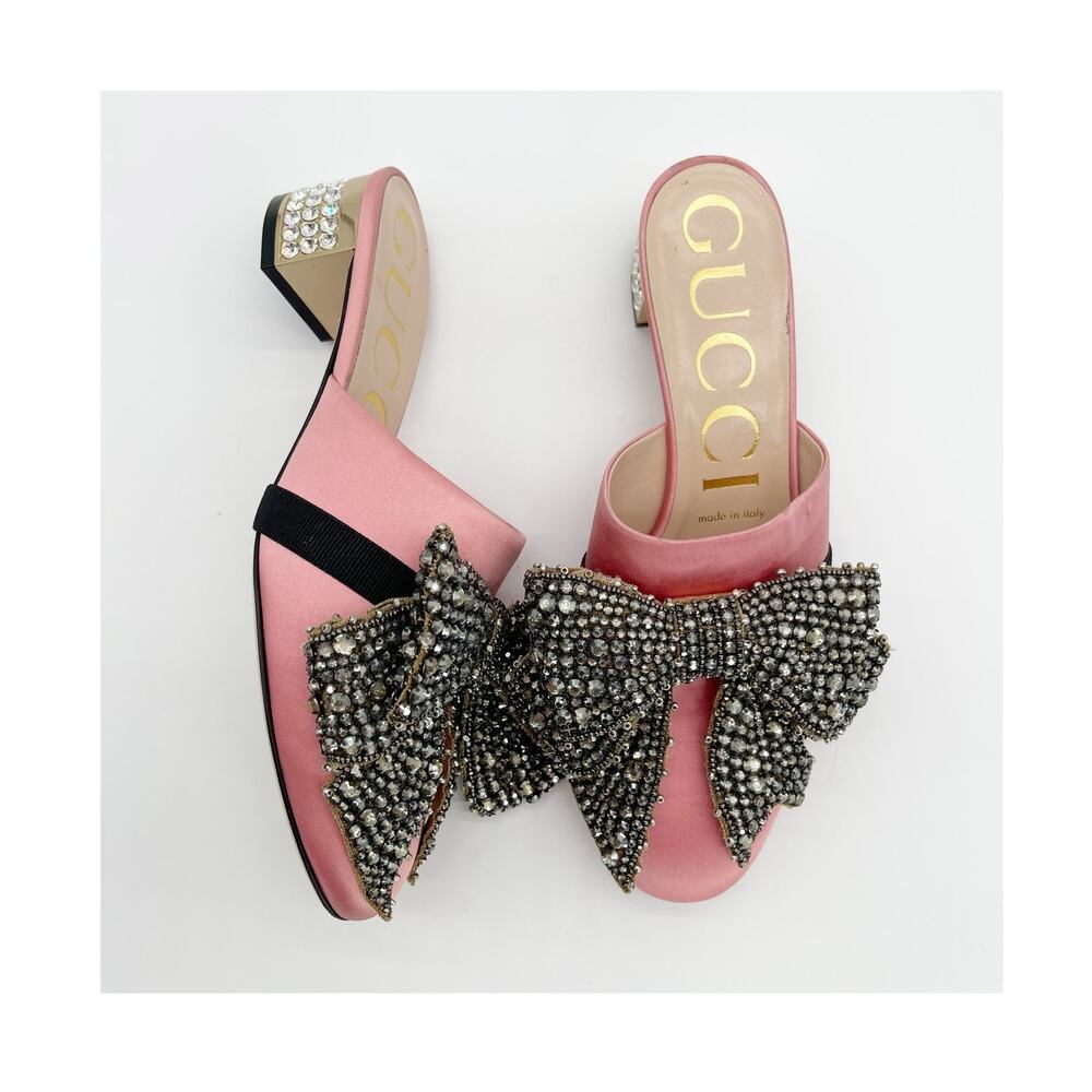 Gucci Candy Pink Silk Removable Crystal Embellished Bow Block Heel Mules EU 37